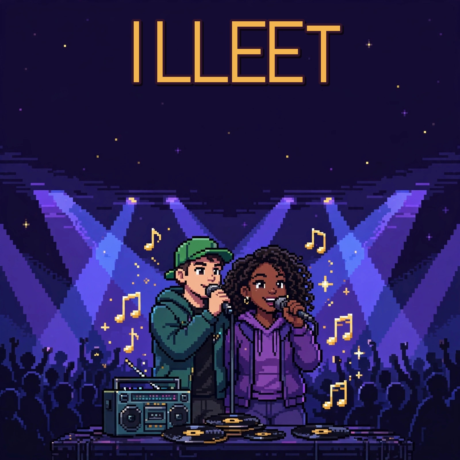 ILLEET project artwork showing Ricky Boggs and Sara Schofield on stage
